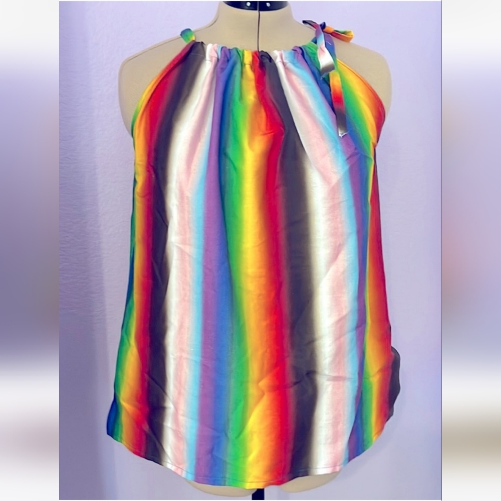 Hand Crafted Rainbow Sleeveless Tie Neckline Tanktop Blouse